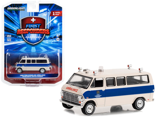 1969 Ford Econoline Ambulance Beige with Blue Stripes &quot;Ontario Hospital Services Commission Ontario Canada&quot; &quot;First Responders&quot; Series 1 1/64 Diecast Model Car by Greenlight