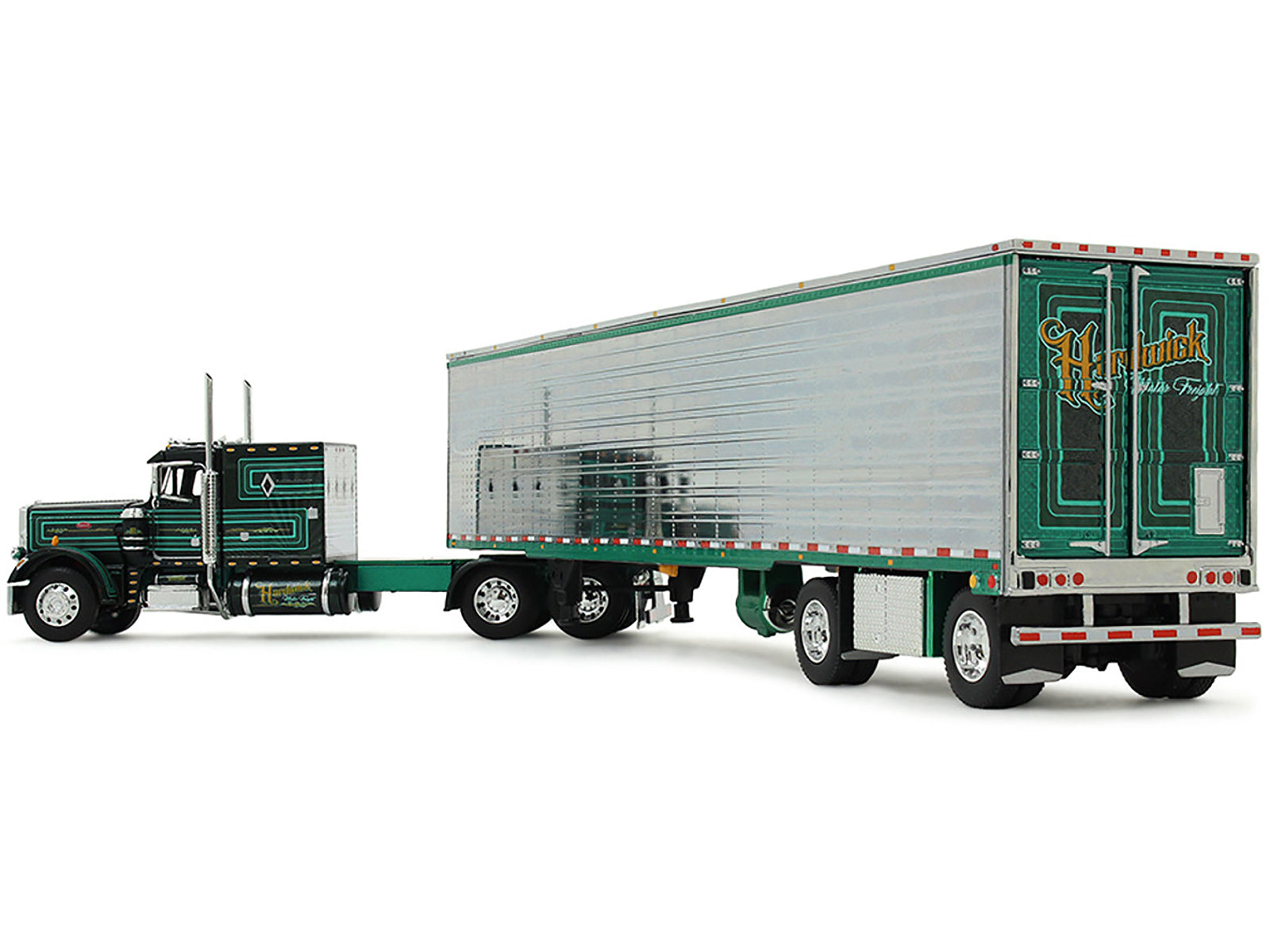Peterbilt 359 with 60&quot; Vintage Sleeper and 53' Utility Trailer with Reefer &quot;Hardwick Motor Freight&quot; Green Metallic with Stripes &quot;Big Rigs&quot; Series II #2 1/64 Diecast Model by DCP/First Gear