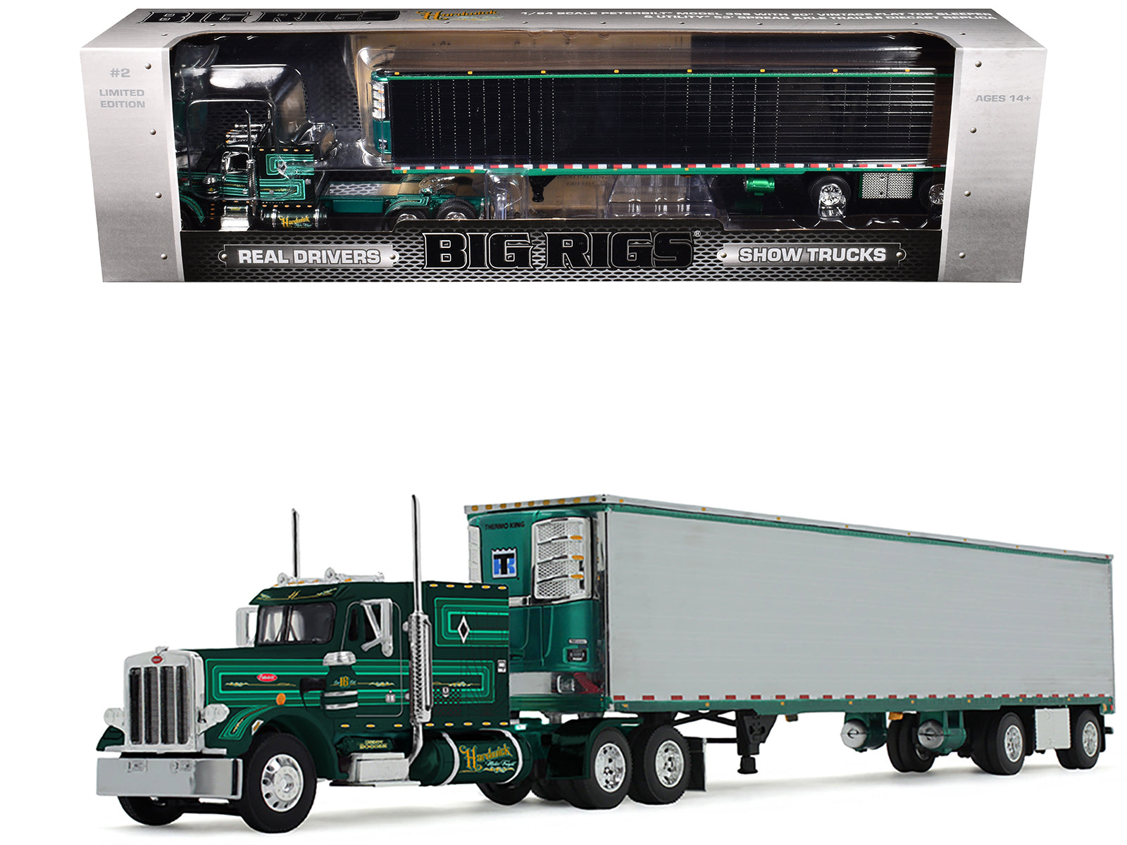 Peterbilt 359 with 60&quot; Vintage Sleeper and 53' Utility Trailer with Reefer &quot;Hardwick Motor Freight&quot; Green Metallic with Stripes &quot;Big Rigs&quot; Series II #2 1/64 Diecast Model by DCP/First Gear