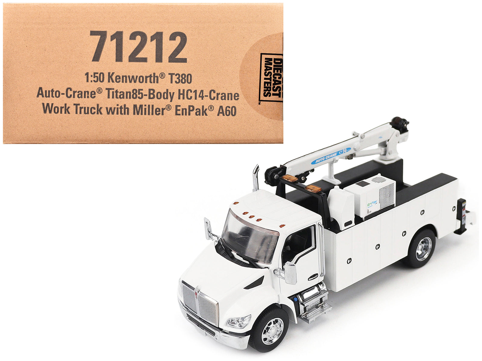 Kenworth T380 Auto-Crane Titan 85-Body HC14-Crane Work Truck with Miller EnPak White &quot;Transport Series&quot; 1/50 Diecast Model by Diecast Masters