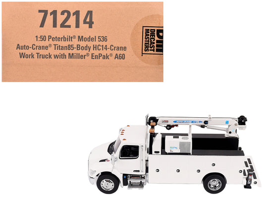 Peterbilt 536 Auto-Crane Titan85-Body HC14-Crane Work Truck with Miller EnPak White &quot;Transport Series&quot; 1/50 Diecast Model by Diecast Masters