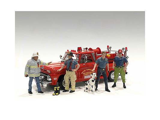 &quot;Firefighters&quot; 6 piece Figure Set (4 Males 1 Dog 1 Accessory) for 1/18 Scale Models by American Diorama