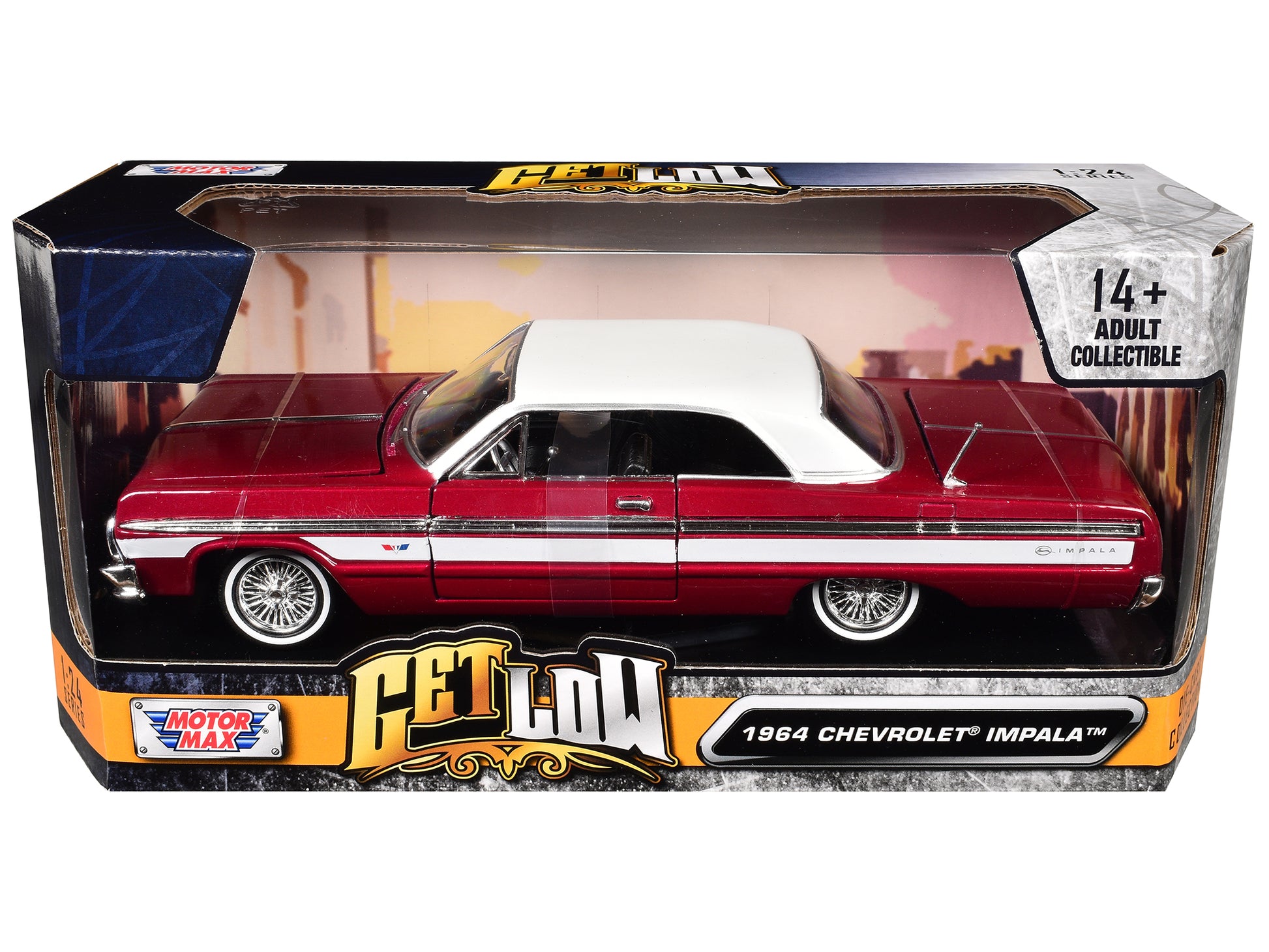 1964 Chevrolet Impala Lowrider Hard Top Candy Red Metallic with White Top &quot;Get Low&quot; Series 1/24 Diecast Model Car by Motormax