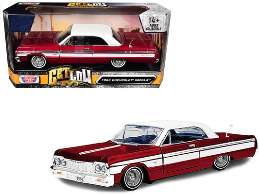 1964 Chevrolet Impala Lowrider Hard Top Candy Red Metallic with White Top &quot;Get Low&quot; Series 1/24 Diecast Model Car by Motormax