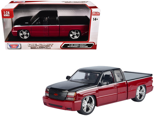 2006 Chevrolet Silverado Custom Pickup Truck Red Metallic and Black with Silver Stripes &quot;Die-Cast Collection&quot; Series 1/25 Diecast Model Car by Motormax