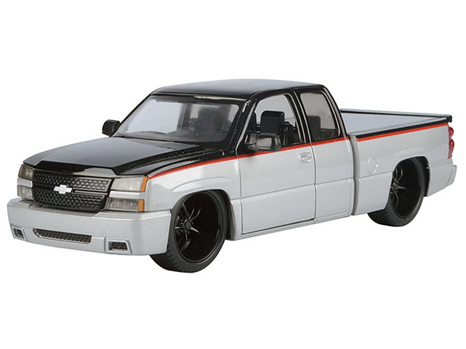 2006 Chevrolet Silverado Custom Pickup Truck Silver Metallic and Black with Red Stripes &quot;Die-Cast Collection&quot; Series 1/25 Diecast Model Car by Motormax