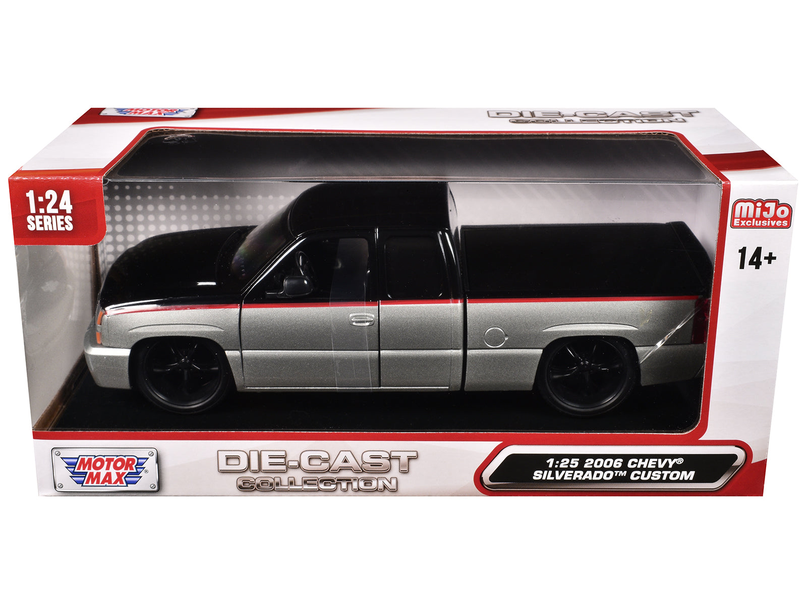 2006 Chevrolet Silverado Custom Pickup Truck Silver Metallic and Black with Red Stripes &quot;Die-Cast Collection&quot; Series 1/25 Diecast Model Car by Motormax