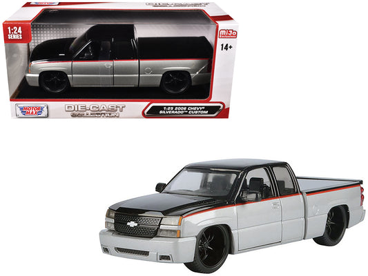2006 Chevrolet Silverado Custom Pickup Truck Silver Metallic and Black with Red Stripes &quot;Die-Cast Collection&quot; Series 1/25 Diecast Model Car by Motormax
