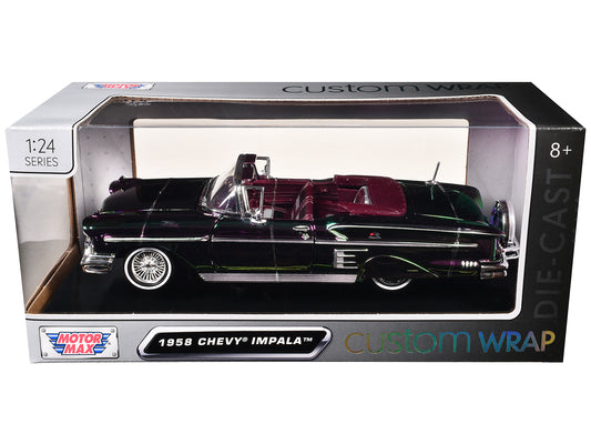 1958 Chevrolet Impala Green and Purple Chrome &quot;Custom Wrap&quot; Series 1/24 Diecast Model Car by Motormax