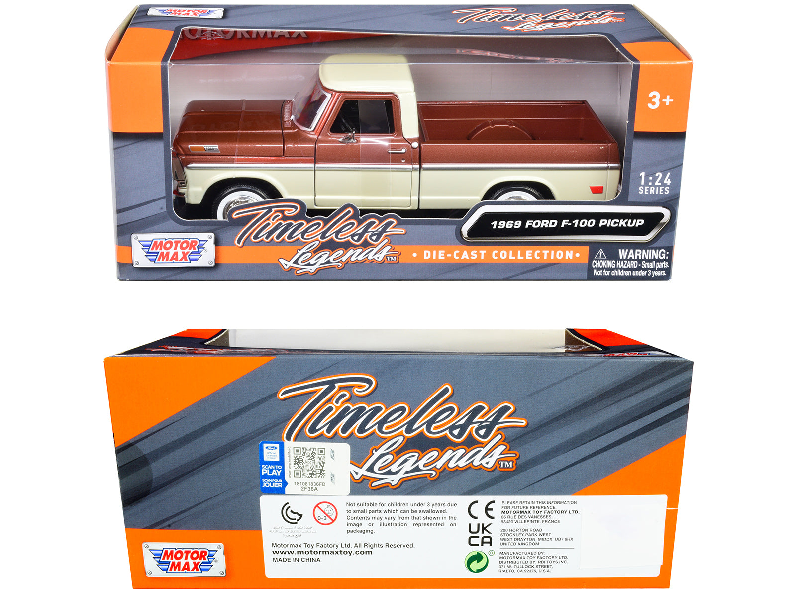 1969 Ford F-100 Pickup Truck Brown Metallic and Cream &quot;Timeless Legends&quot; 1/24 Diecast Model Car by Motormax