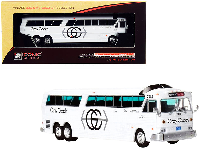 MCI MC-7 Challenger Intercity Coach Bus White &quot;Gray Coach&quot; Toronto - Guelph (Canada) &quot;Vintage Bus & Motorcoach Collection&quot; 1/87 (HO) Diecast Model by Iconic Replicas