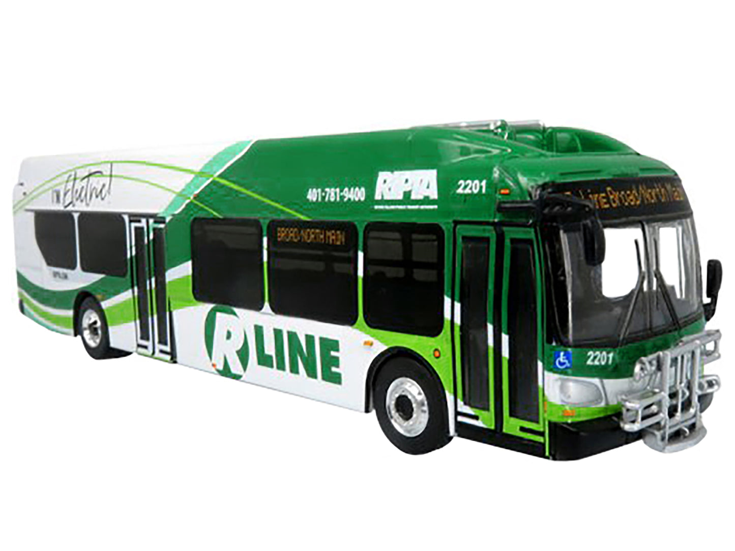 New Flyer Xcelsior Charge NG Electric Transit Bus RIPTA (Rhode Island Public Transit Authority) &quot;R Line Broad/North Main&quot; &quot;The Bus & Motorcoach Collection&quot; 1/87 Diecast Model by Iconic Replicas