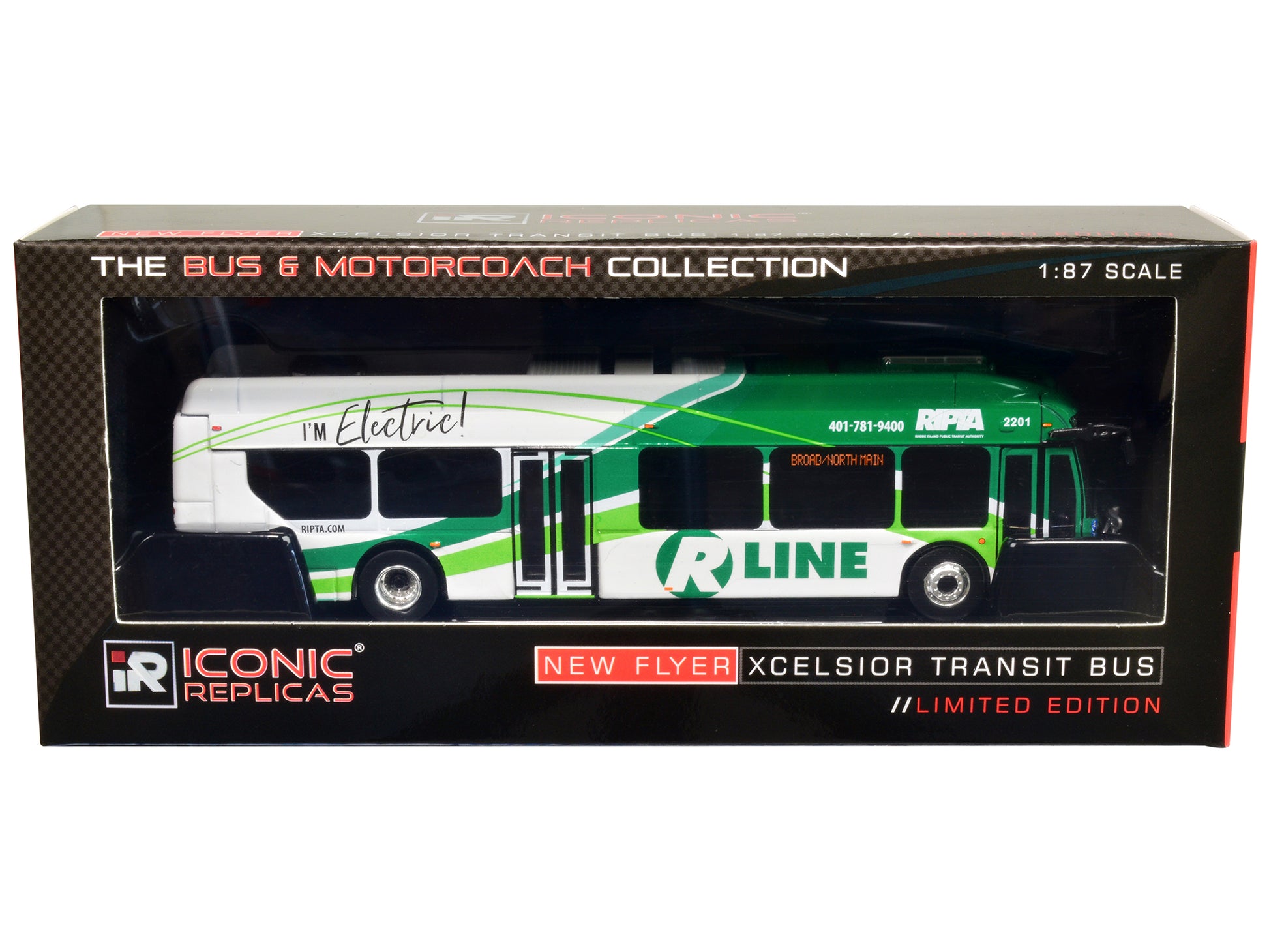New Flyer Xcelsior Charge NG Electric Transit Bus RIPTA (Rhode Island Public Transit Authority) &quot;R Line Broad/North Main&quot; &quot;The Bus & Motorcoach Collection&quot; 1/87 Diecast Model by Iconic Replicas