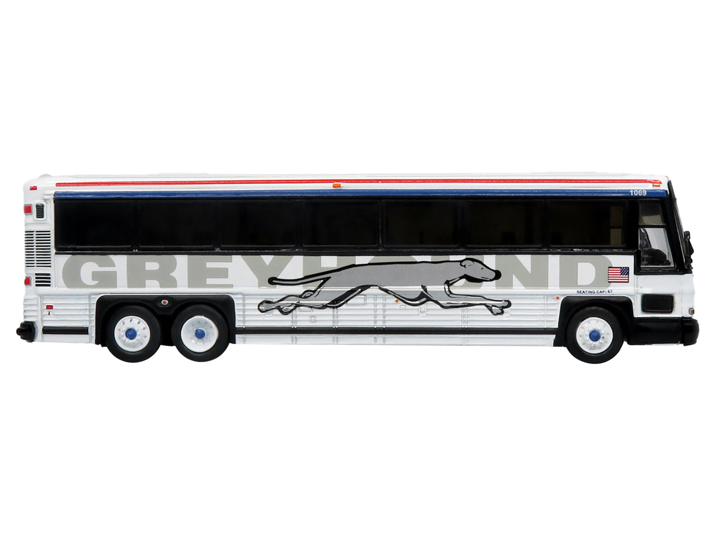 2001 MCI D4000 Coach Bus &quot;Greyhound&quot; White with Red and Blue Stripes &quot;Vintage Bus & Motorcoach Collection&quot; Limited Edition to 504 pieces Worldwide 1/87 (HO) Diecast Model by Iconic Replicas