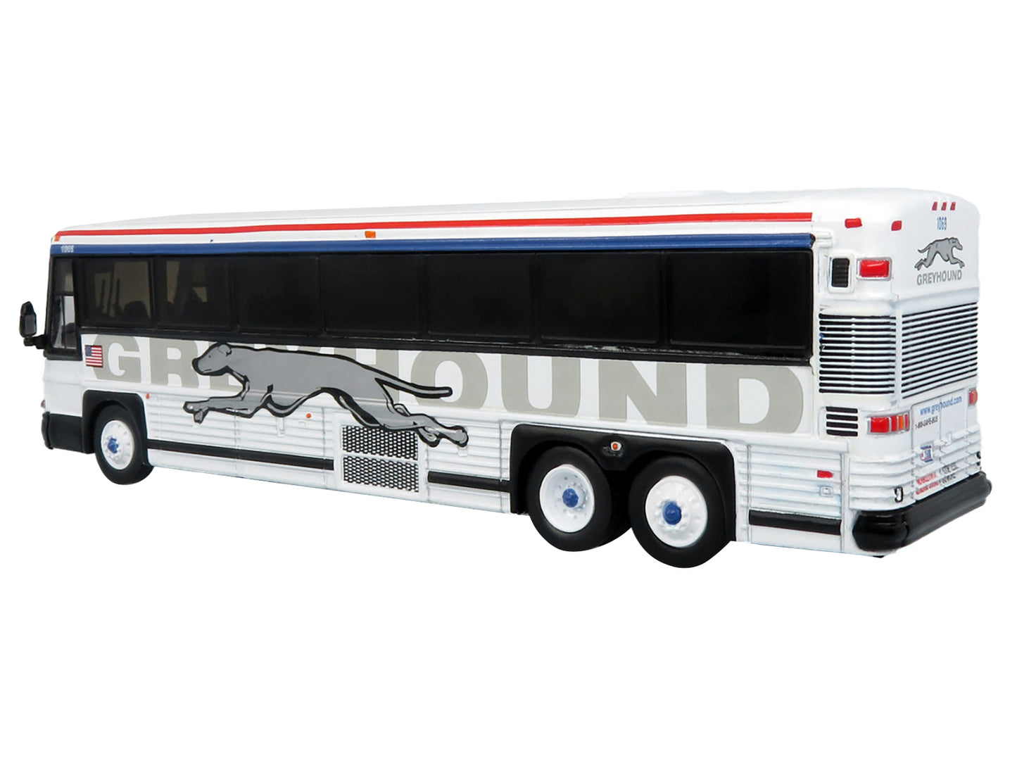 2001 MCI D4000 Coach Bus &quot;Greyhound&quot; White with Red and Blue Stripes &quot;Vintage Bus & Motorcoach Collection&quot; Limited Edition to 504 pieces Worldwide 1/87 (HO) Diecast Model by Iconic Replicas