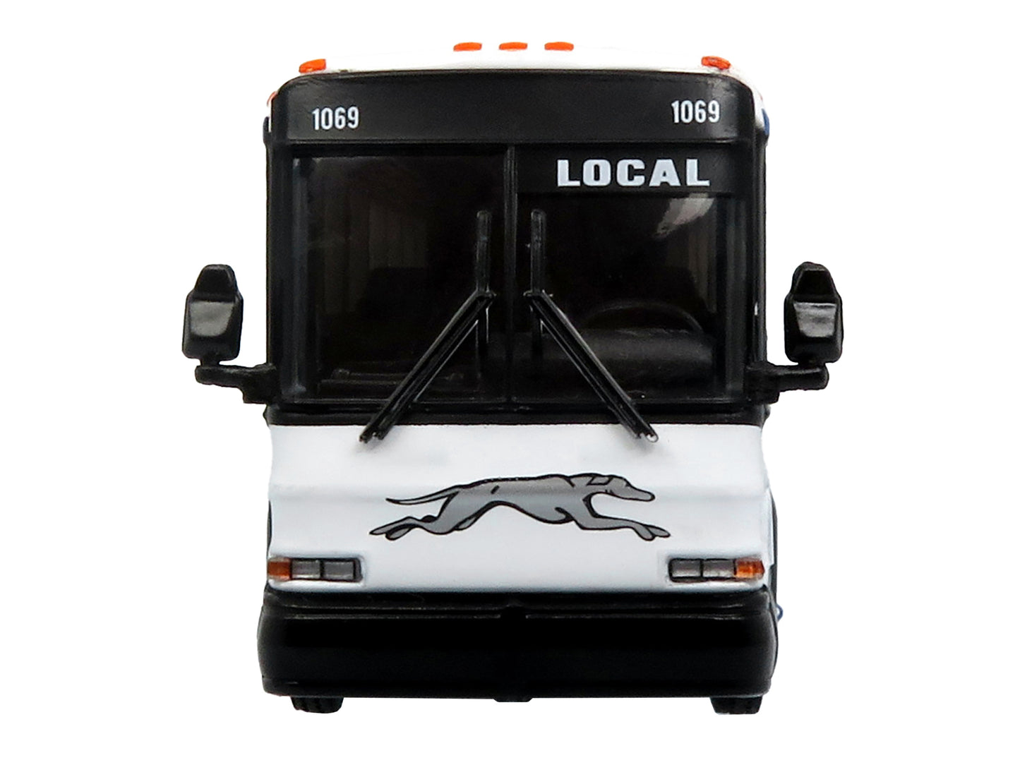 2001 MCI D4000 Coach Bus &quot;Greyhound&quot; White with Red and Blue Stripes &quot;Vintage Bus & Motorcoach Collection&quot; Limited Edition to 504 pieces Worldwide 1/87 (HO) Diecast Model by Iconic Replicas