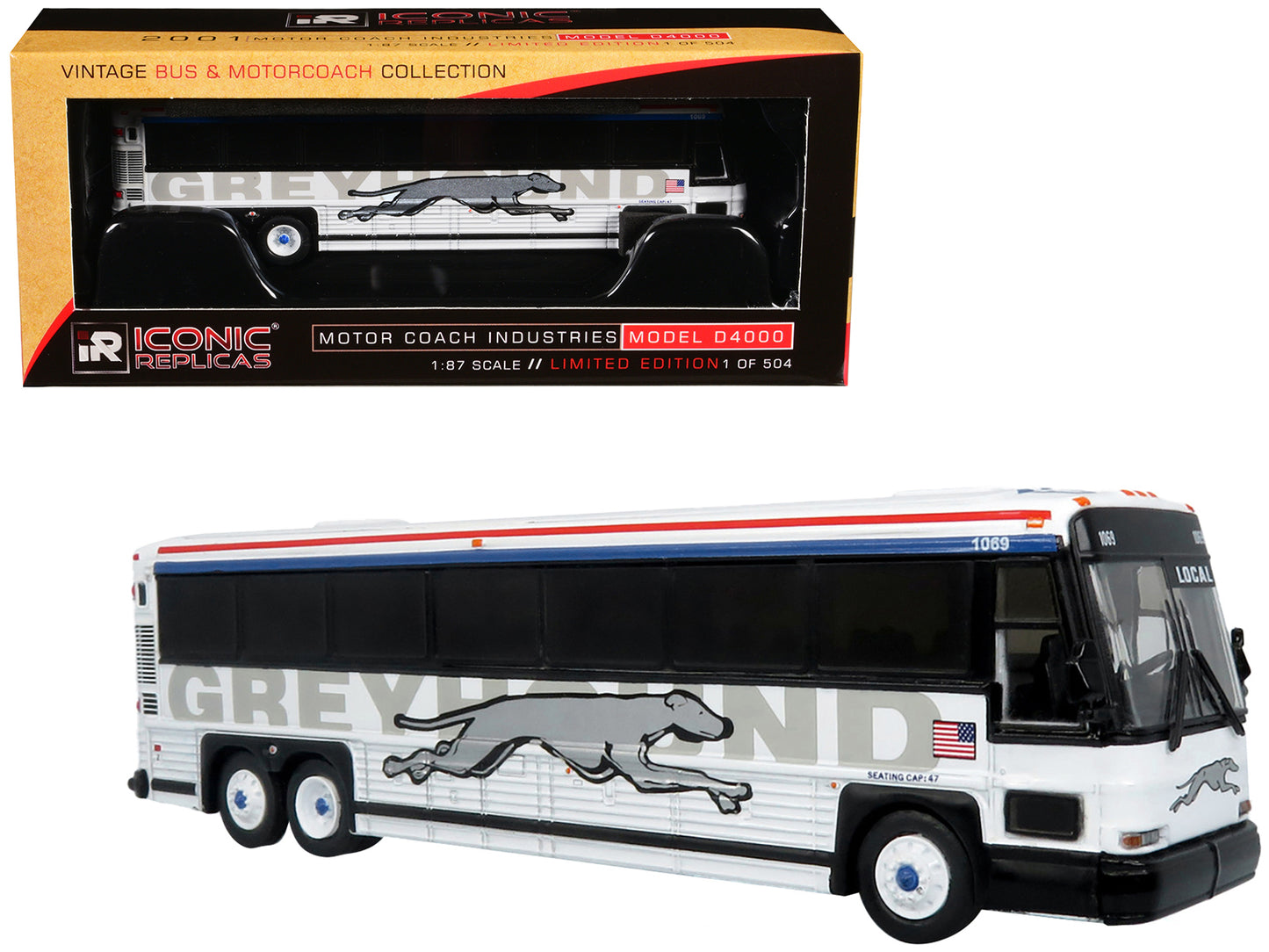 2001 MCI D4000 Coach Bus &quot;Greyhound&quot; White with Red and Blue Stripes &quot;Vintage Bus & Motorcoach Collection&quot; Limited Edition to 504 pieces Worldwide 1/87 (HO) Diecast Model by Iconic Replicas