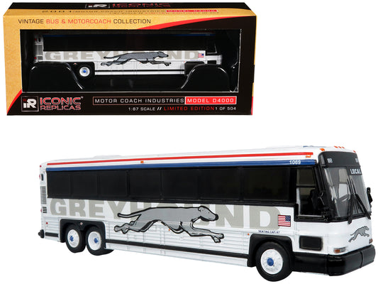 2001 MCI D4000 Coach Bus &quot;Greyhound&quot; White with Red and Blue Stripes &quot;Vintage Bus & Motorcoach Collection&quot; Limited Edition to 504 pieces Worldwide 1/87 (HO) Diecast Model by Iconic Replicas