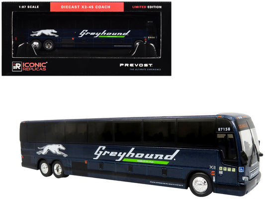 Prevost X3-45 Coach Bus &quot;Greyhound Enabled by FlixBus&quot; Blue Metallic Limited Edition 1/87 (HO) Diecast Model by Iconic Replicas
