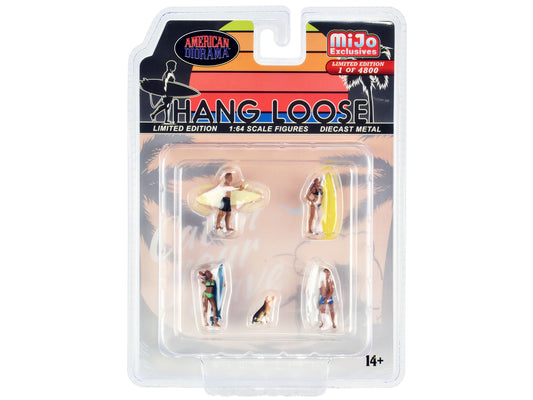 &quot;Hang Loose&quot; 5 piece Diecast Set (4 Surfer Figures and 1 Dog) Limited Edition to 4800 pieces Worldwide for 1/64 Scale Models by American Diorama