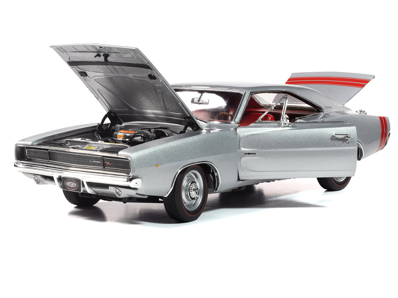 1968 Dodge Charger R/T &quot;Muscle Car & Corvette Nationals&quot; (MCACN) Silver Metallic with Red Interior &quot;American Muscle&quot; Series 1/18 Diecast Model Car by Auto World