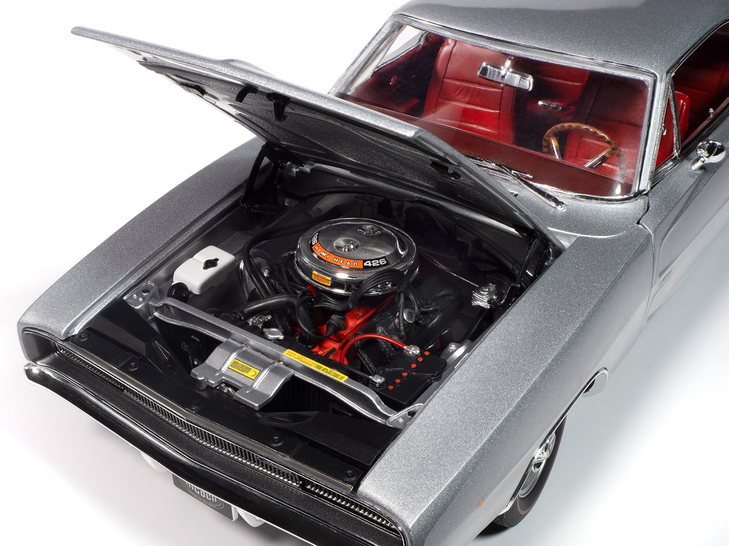 1968 Dodge Charger R/T &quot;Muscle Car & Corvette Nationals&quot; (MCACN) Silver Metallic with Red Interior &quot;American Muscle&quot; Series 1/18 Diecast Model Car by Auto World