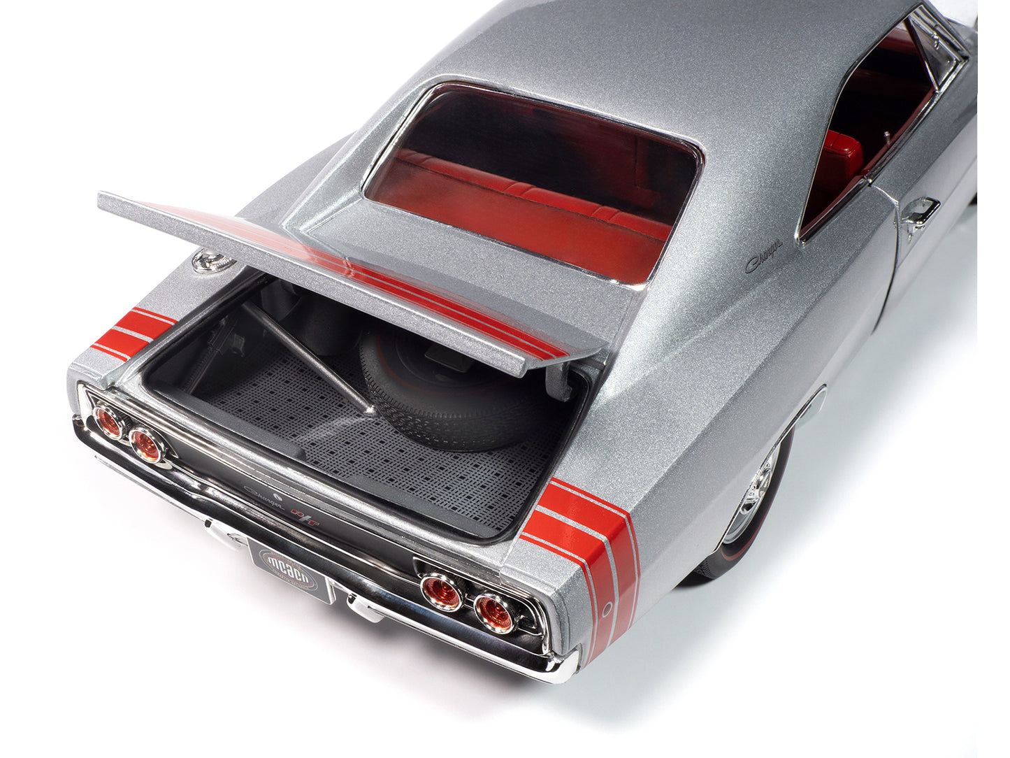 1968 Dodge Charger R/T &quot;Muscle Car & Corvette Nationals&quot; (MCACN) Silver Metallic with Red Interior &quot;American Muscle&quot; Series 1/18 Diecast Model Car by Auto World