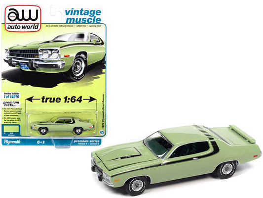 1973 Plymouth Road Runner 440 Mist Green with Black Stripes and Green Interior &quot;Vintage Muscle&quot; Limited Edition to 14910 pieces Worldwide 1/64 Diecast Model Car by Auto World