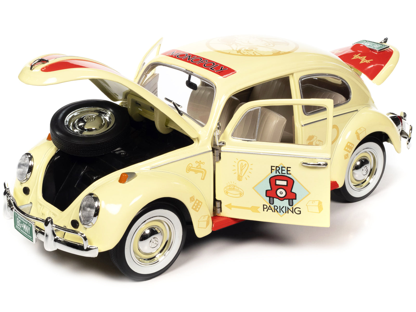 1963 Volkswagen Beetle Yukon Yellow with &quot;Monopoly&quot; Graphics &quot;Free Parking&quot; and Mr. Monopoly Resin Figure 1/18 Diecast Model Car by Auto World