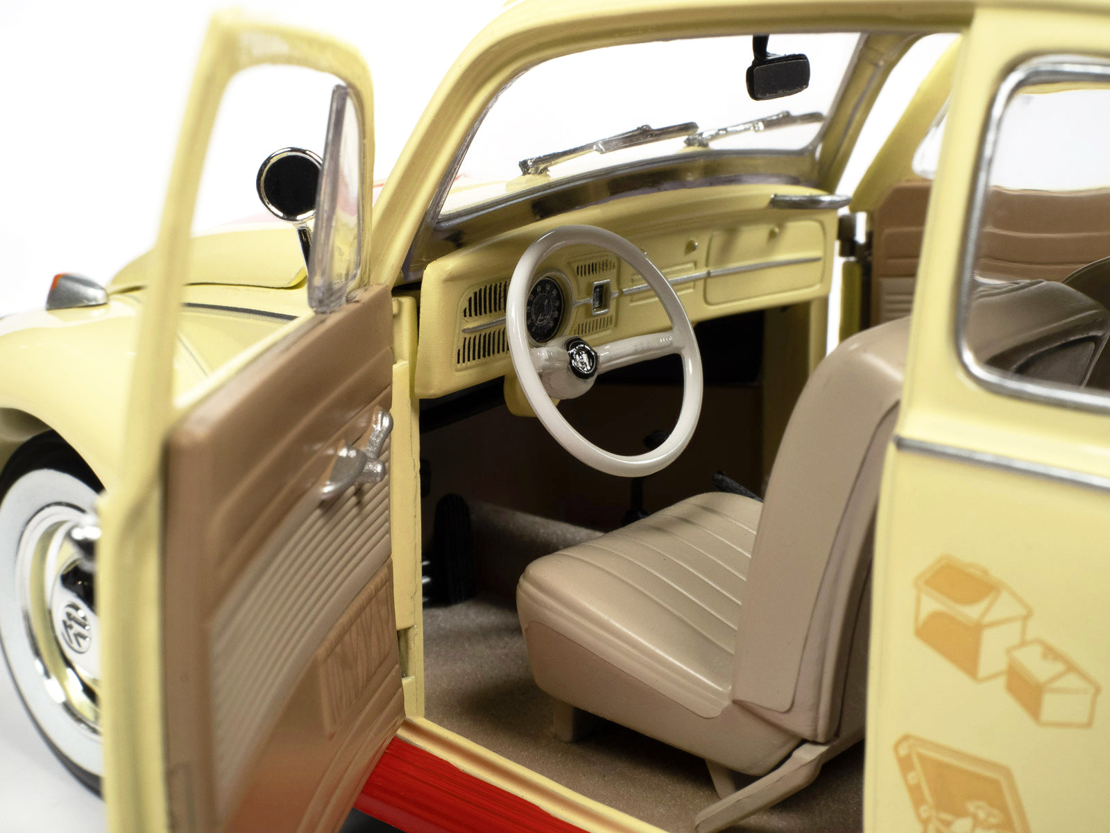 1963 Volkswagen Beetle Yukon Yellow with &quot;Monopoly&quot; Graphics &quot;Free Parking&quot; and Mr. Monopoly Resin Figure 1/18 Diecast Model Car by Auto World