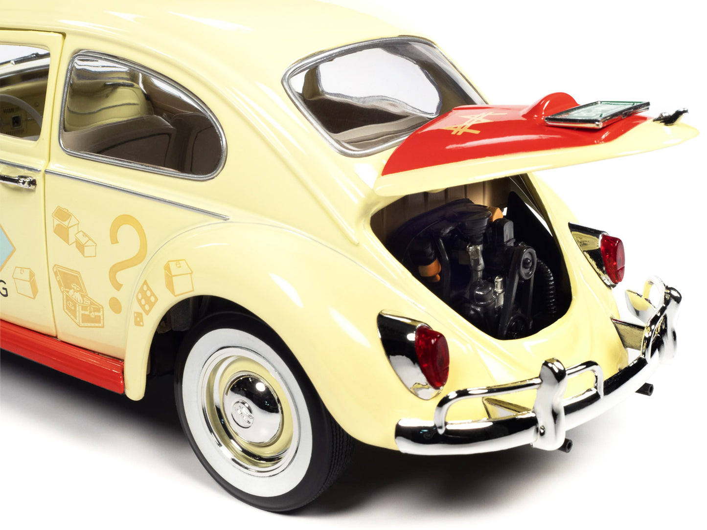 1963 Volkswagen Beetle Yukon Yellow with &quot;Monopoly&quot; Graphics &quot;Free Parking&quot; and Mr. Monopoly Resin Figure 1/18 Diecast Model Car by Auto World