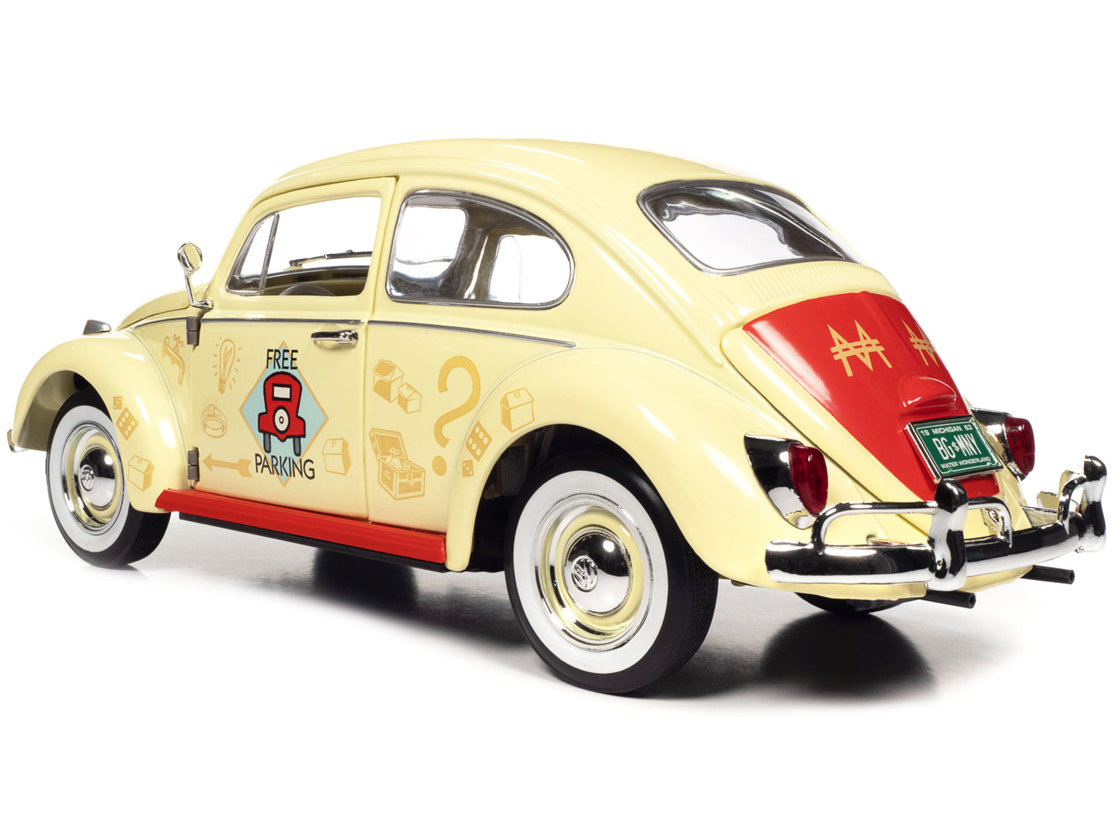 1963 Volkswagen Beetle Yukon Yellow with &quot;Monopoly&quot; Graphics &quot;Free Parking&quot; and Mr. Monopoly Resin Figure 1/18 Diecast Model Car by Auto World