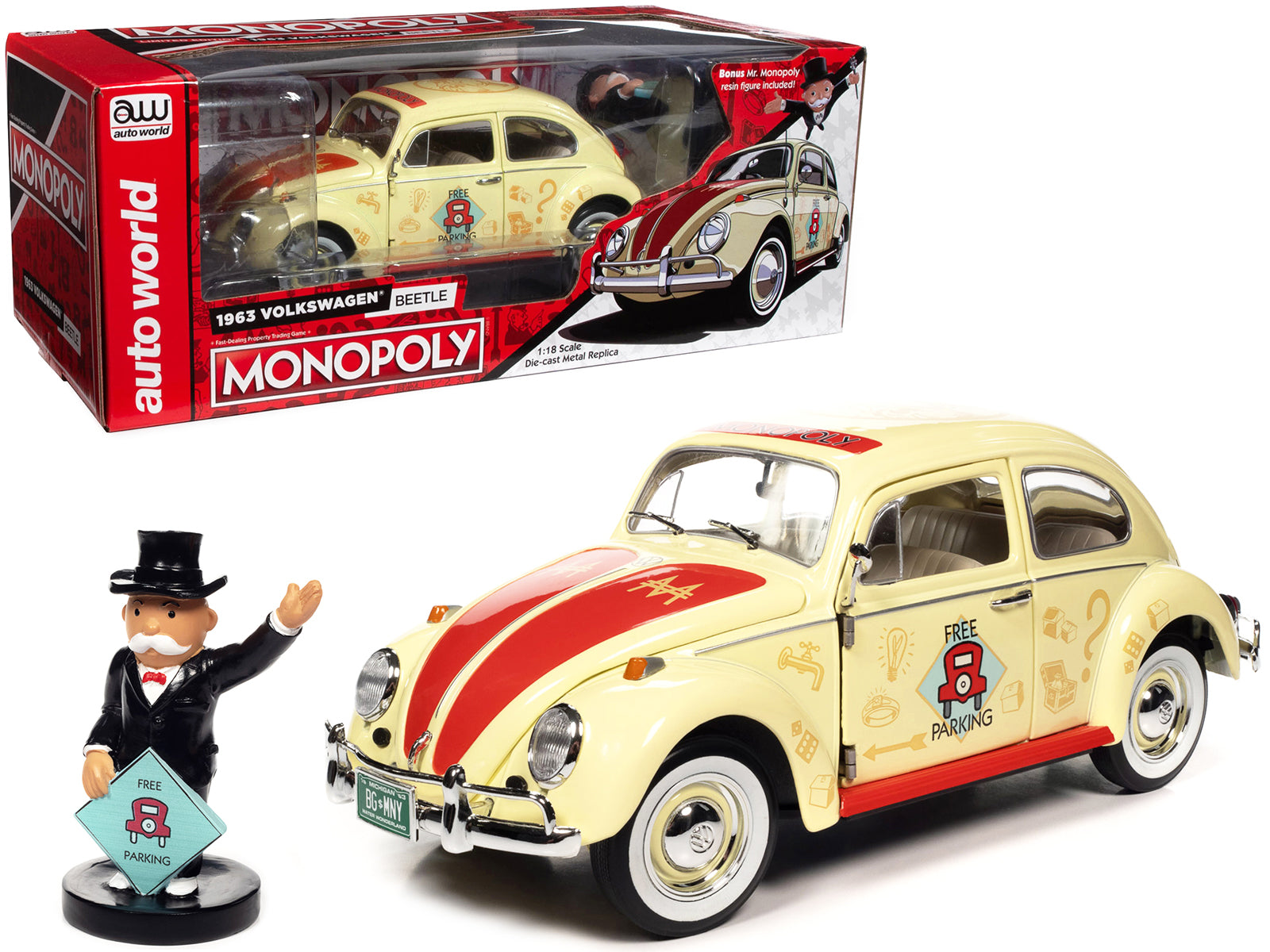 1963 Volkswagen Beetle Yukon Yellow with &quot;Monopoly&quot; Graphics &quot;Free Parking&quot; and Mr. Monopoly Resin Figure 1/18 Diecast Model Car by Auto World