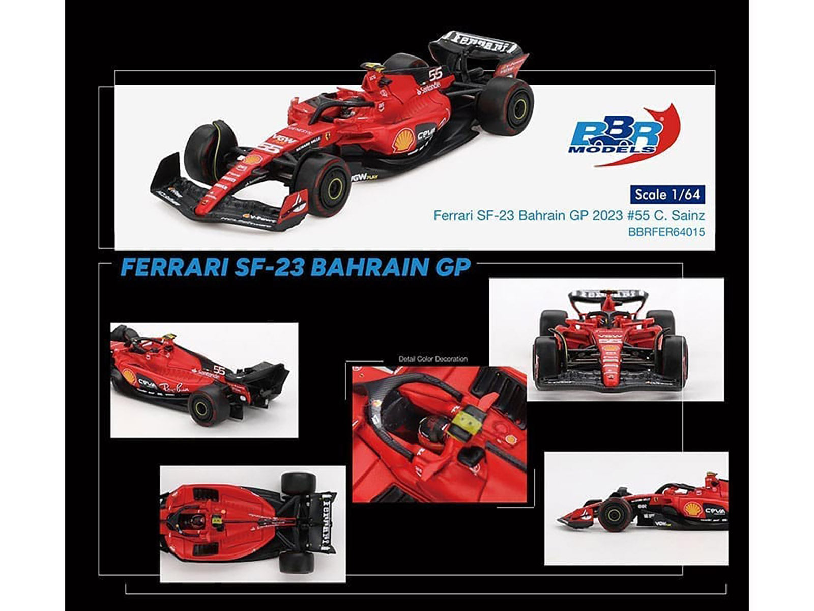 Ferrari SF-23 #55 Carlos Sainz Formula One F1 &quot;Bahrain GP&quot; (2023) 1/64 Diecast Model Car by BBR