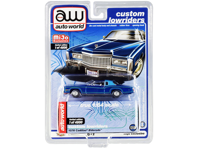1975 Cadillac Eldorado Dark Blue Metallic with Light Blue (Partial) Vinyl Top &quot;Custom Lowriders&quot; Limited Edition to 4800 pieces Worldwide 1/64 Diecast Model Car by Auto World
