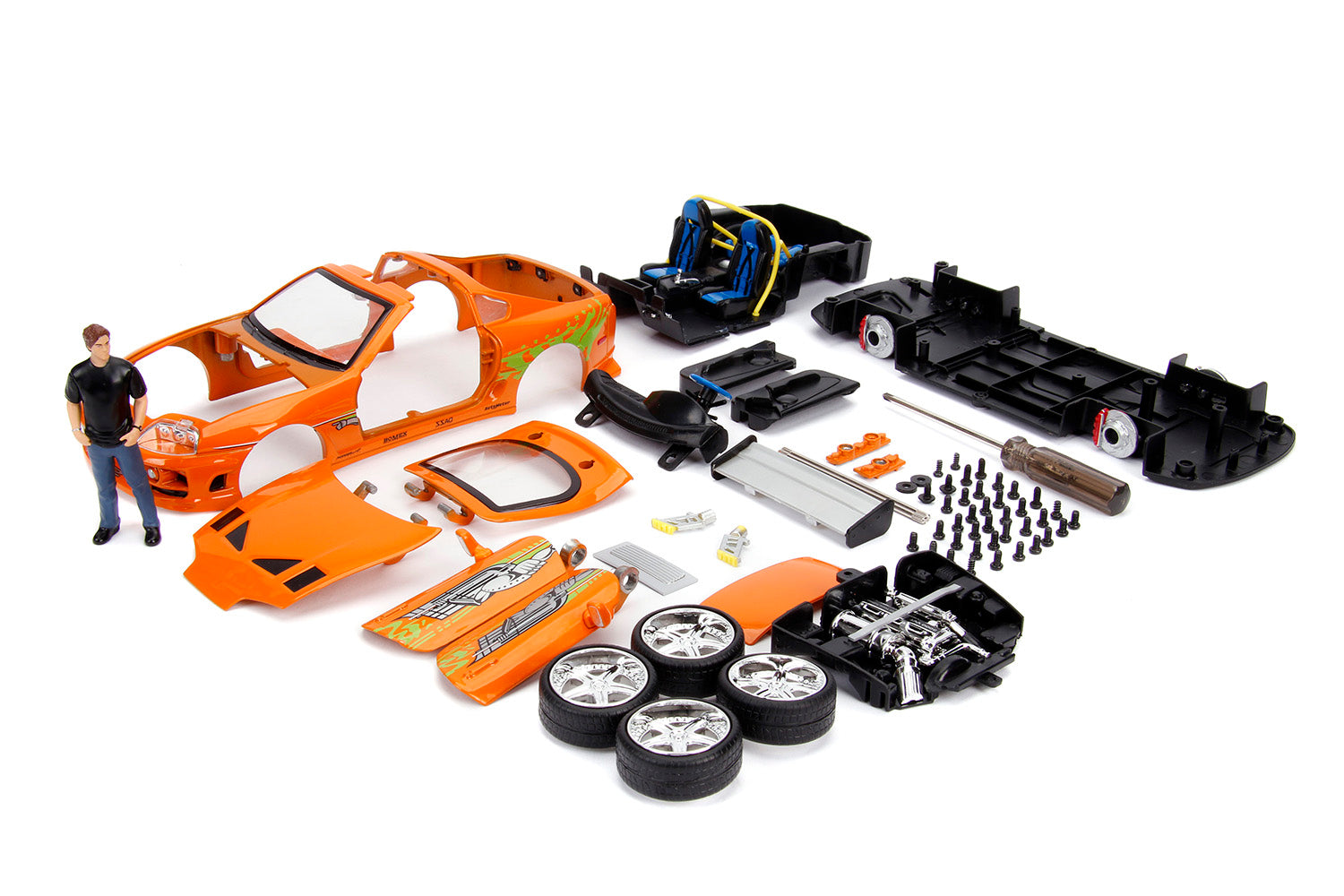 Model Kit Toyota Supra Metallic Orange with Brian Diecast Figure &quot;Fast & Furious&quot; Movie &quot;Build N' Collect&quot; 1/24 Diecast Model Car by Jada