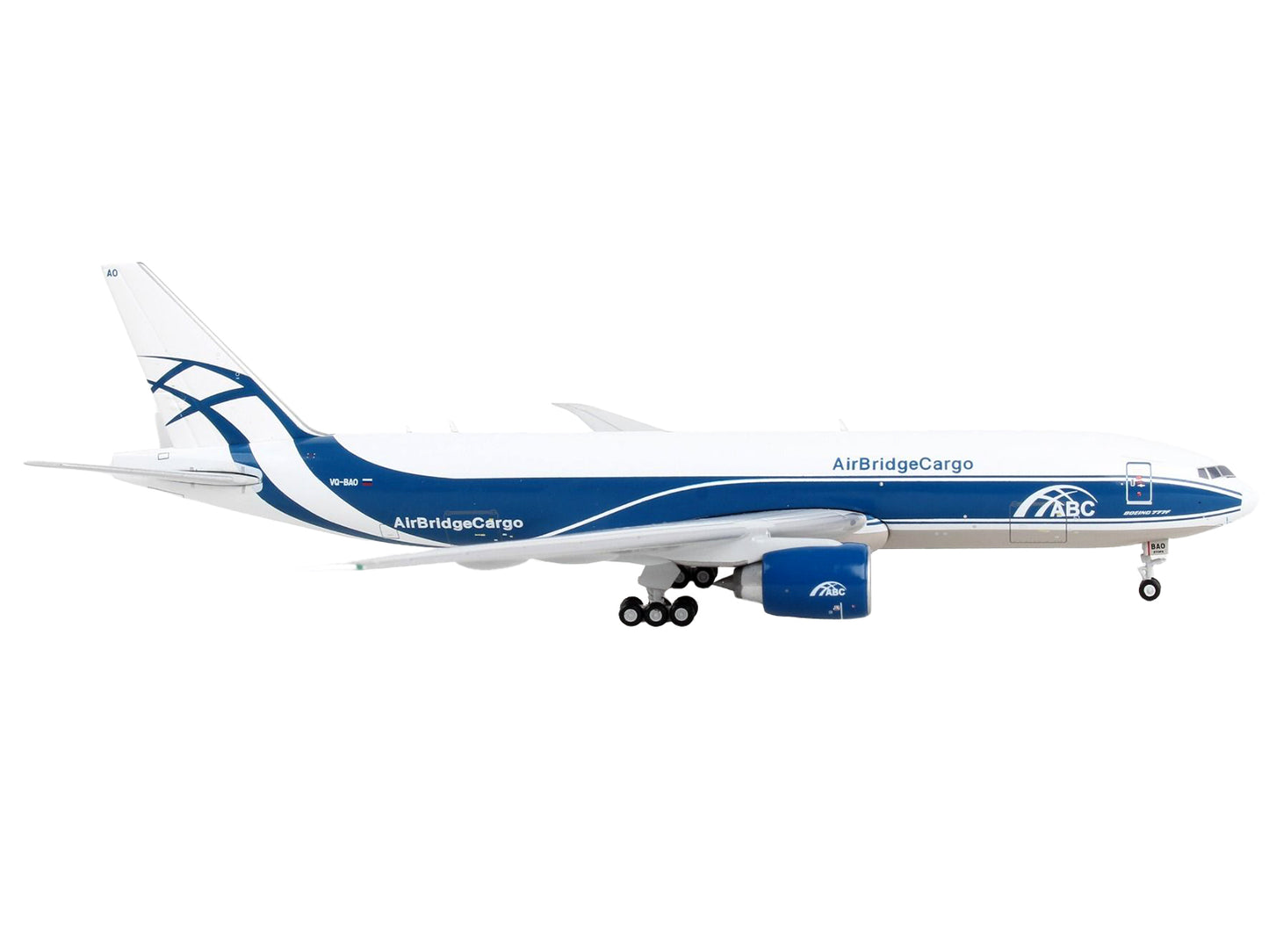 Boeing 777F Commercial Aircraft &quot;AirBridgeCargo&quot; White with Blue Stripes 1/400 Diecast Model Airplane by GeminiJets