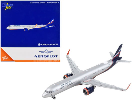Airbus A321neo Commercial Aircraft &quot;Aeroflot&quot; Silver Metallic with Dark Blue Tail 1/400 Diecast Model Airplane by GeminiJets