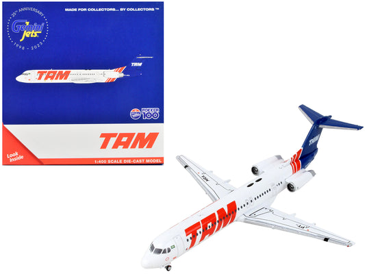 Fokker F100 Commercial Aircraft &quot;TAM Linhas Aereas&quot; White with Blue Tail 1/400 Diecast Model Airplane by GeminiJets