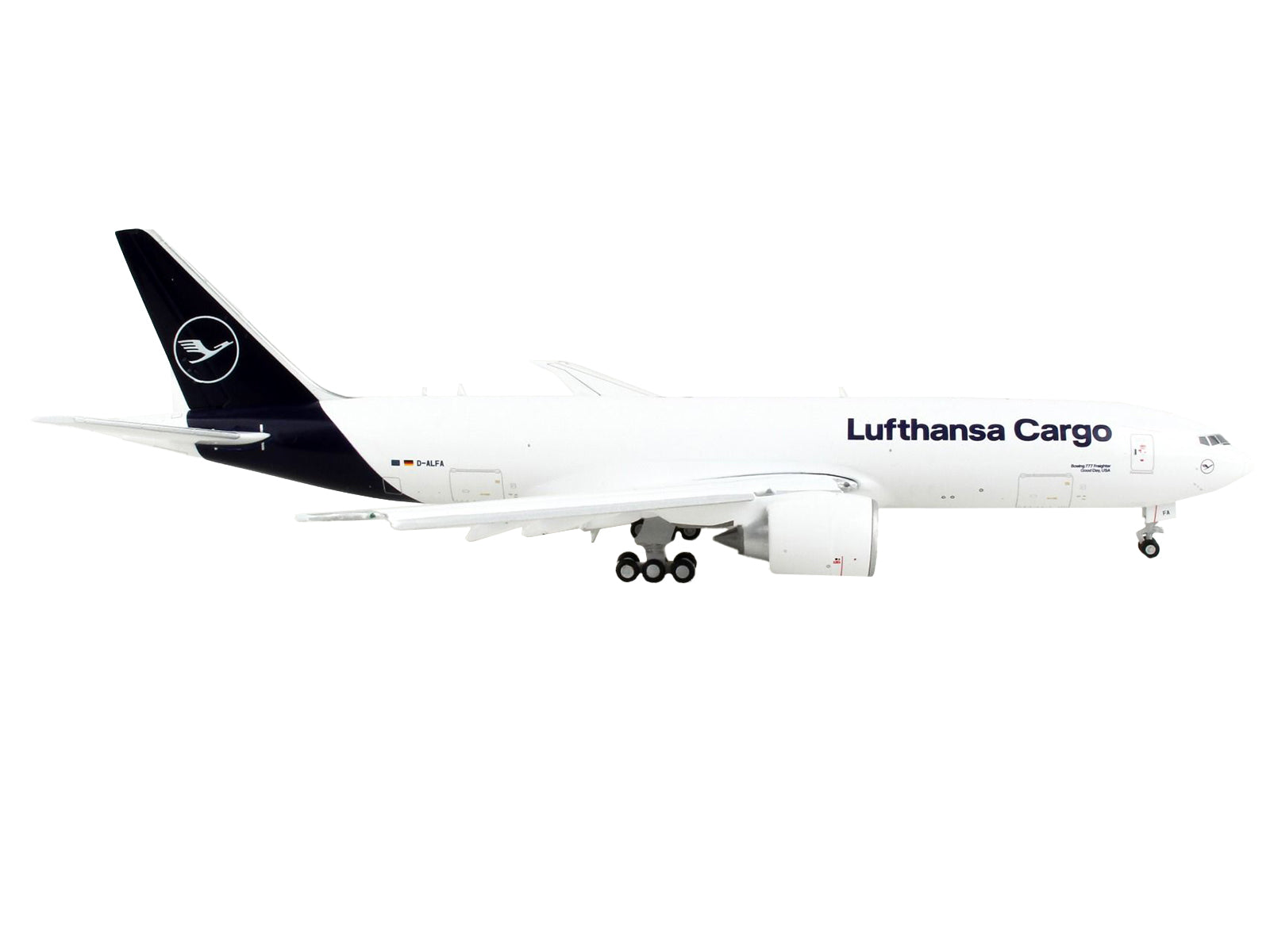 Boeing 777F Commercial Aircraft with Flaps Down &quot;Lufthansa Cargo&quot; White with Dark Blue Tail 1/400 Diecast Model Airplane by GeminiJets