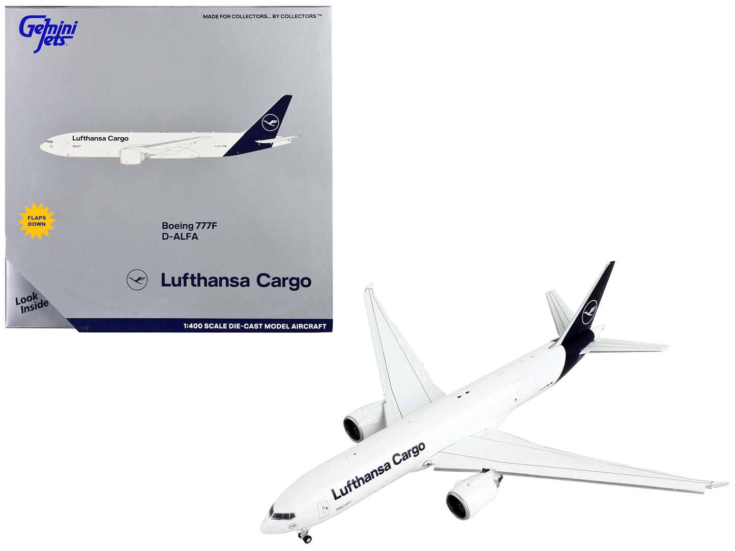 Boeing 777F Commercial Aircraft with Flaps Down &quot;Lufthansa Cargo&quot; White with Dark Blue Tail 1/400 Diecast Model Airplane by GeminiJets