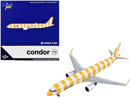Airbus A321 Commercial Aircraft &quot;Condor Airlines&quot; White and Yellow Stripes 1/400 Diecast Model Airplane by GeminiJets