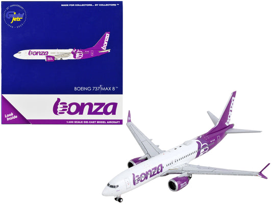 Boeing 737 MAX 8 Commercial Aircraft &quot;Bonza Aviation&quot; White and Purple 1/400 Diecast Model Airplane by GeminiJets
