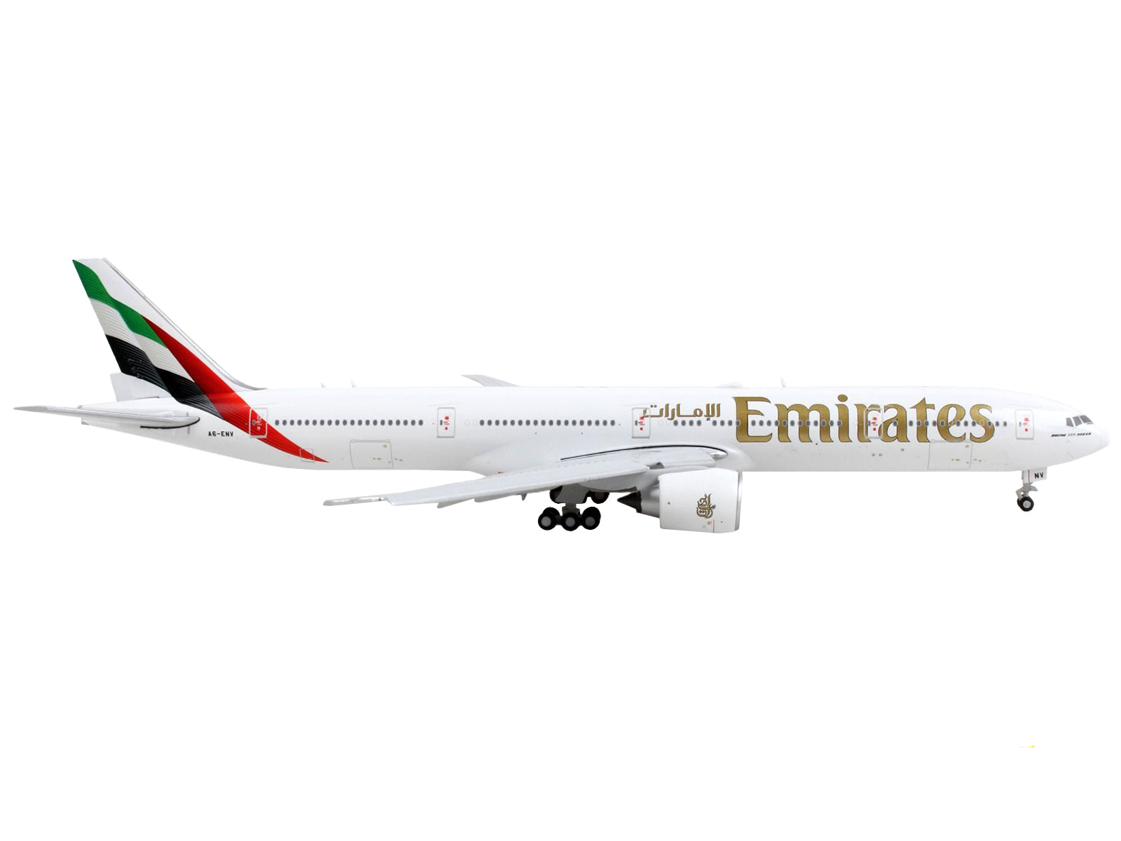 Boeing 777-300ER Commercial Aircraft with Flaps Down &quot;Emirates Airlines&quot; White with Tail Stripes 1/400 Diecast Model Airplane by GeminiJets