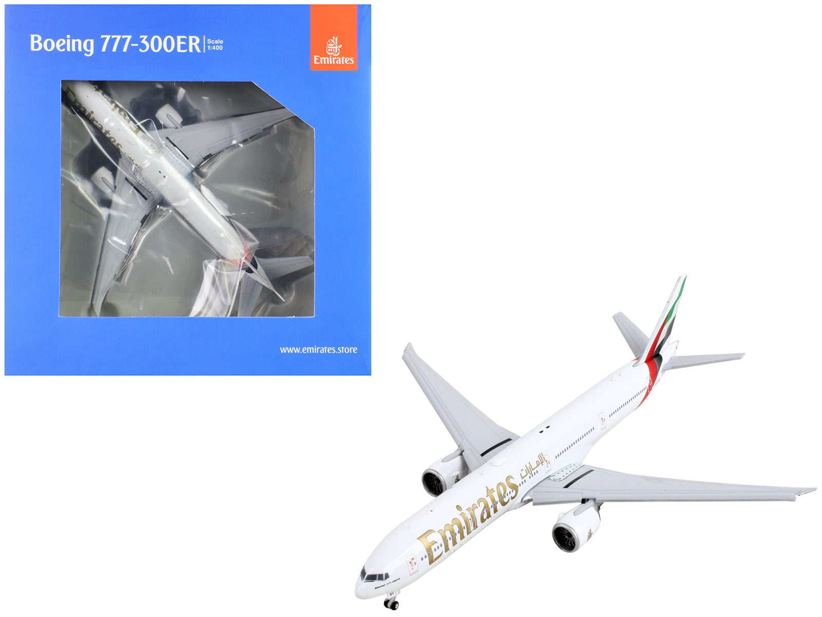 Boeing 777-300ER Commercial Aircraft with Flaps Down &quot;Emirates Airlines&quot; White with Tail Stripes 1/400 Diecast Model Airplane by GeminiJets