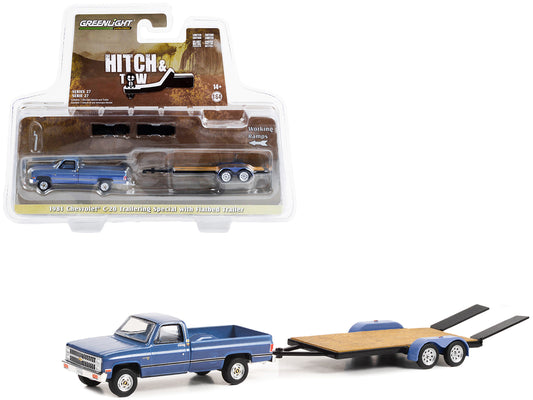 1981 Chevrolet C-20 Trailering Special Pickup Truck Blue with Black Stripes and Flatbed Trailer &quot;Hitch & Tow&quot; Series 27 1/64 Diecast Model Car by Greenlight