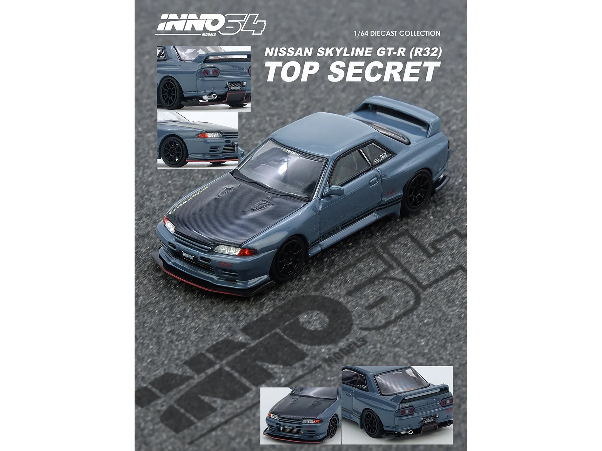 Nissan Skyline &quot;Top Secret&quot; GT-R (R32) RHD (Right Hand Drive) Stealth Gray with Carbon Hood 1/64 Diecast Model Car by Inno Models