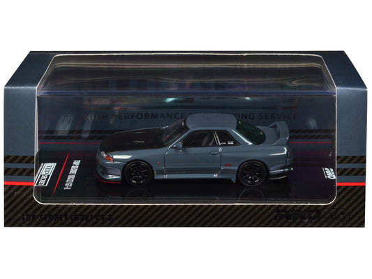 Nissan Skyline &quot;Top Secret&quot; GT-R (R32) RHD (Right Hand Drive) Stealth Gray with Carbon Hood 1/64 Diecast Model Car by Inno Models