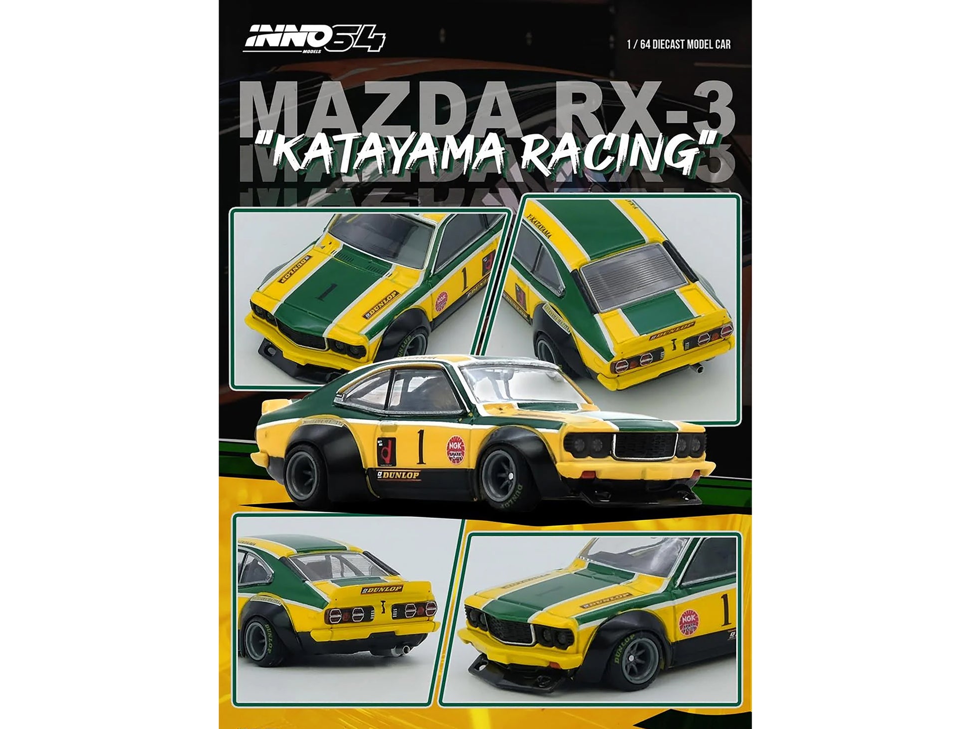 Mazda RX-3 Savanna RHD (Right Hand Drive) #1 &quot;Katayama Racing Livery&quot; Green and Yellow Striped 1/64 Diecast Model Car by Inno Models