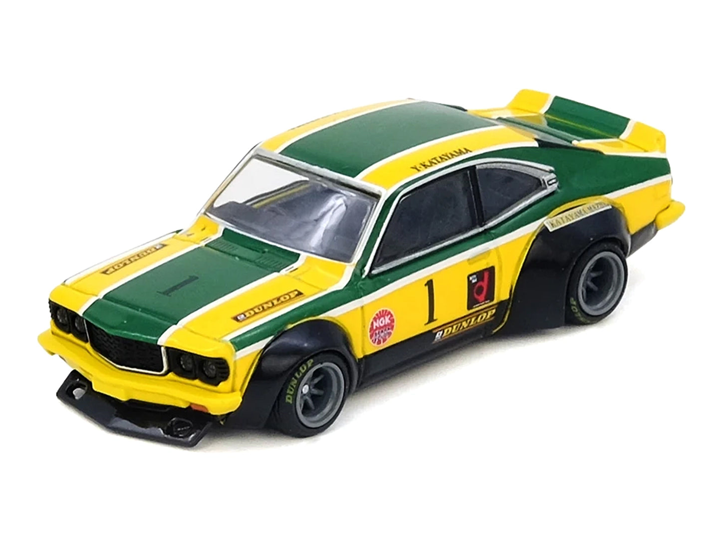 Mazda RX-3 Savanna RHD (Right Hand Drive) #1 &quot;Katayama Racing Livery&quot; Green and Yellow Striped 1/64 Diecast Model Car by Inno Models